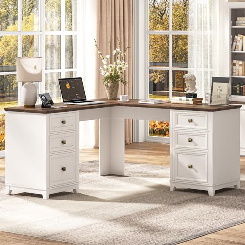 Farmhouse L Shaped Executive Desk with 6 Drawers