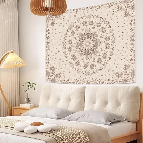 Boho Floral Mandala Tapestry Wall Hanging Bohemian Flower Medallion Tapestry Aesthetic Beige Brown Hippie Indian Small Tapestries for Bedroom Living Room Dorm Decor 48 x 36 Inch