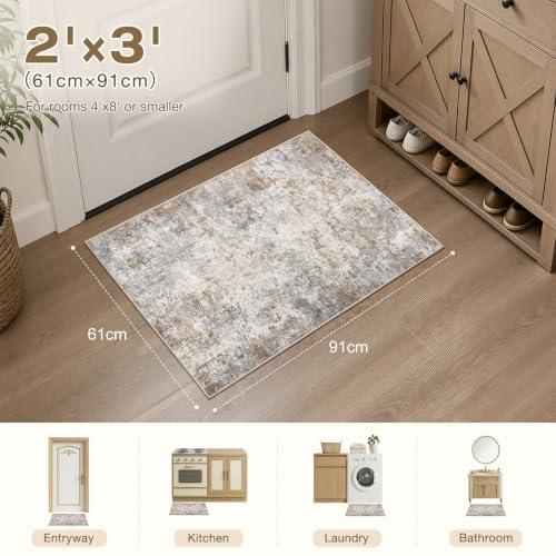 2x3 Entryway Area Rug Washable Neutral Brown Grey Small Carpet (6 Sq Ft)