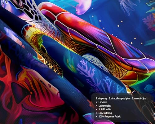 Blacklight Turtle Tapestry Glow in the Dark Ocean Wall Hanging Sea Turtle Poster for Kids Teen Room Bedroom Decor 31.5" L x 39.4" W