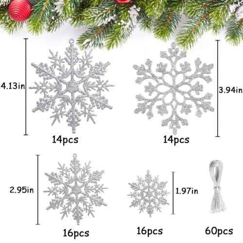 Glitter Christmas Silver Plastic Snowflake Ornaments for Winter Holiday (60 Count)