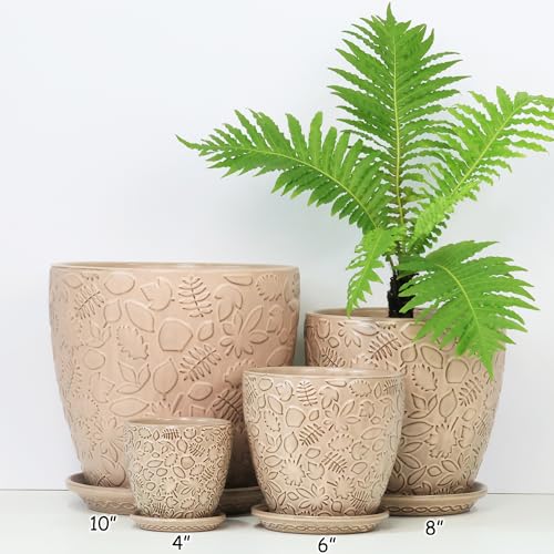 8 Inch + 6 Inch Retro Ceramic Planter Set of 2 with Drainage Hole and Saucer for Multiple Plants (2 Count)