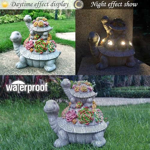 Large Turtle Solar Garden Outdoor Statues with Succulent and 6 LED Lights