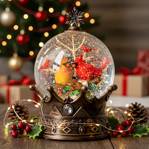 Christmas Snow Globe Lantern Water Glittering Cardinal Crown with Music