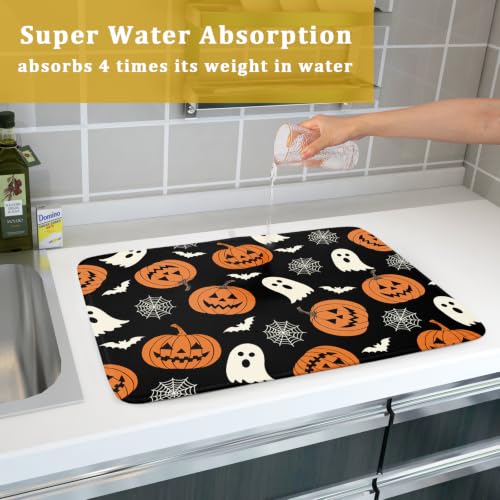 Halloween Dish Drying Mat for Kitchen Counter Ghost Pumpkin Spiderweb Festival Super Absorbent Reversible Microfiber Kitchen Countertop Protector Dishes Pad Large 18x24 inch