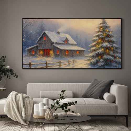 36"x72" Extra Large Framed Wall Art Rustic Winter Cabin with Christmas Tree and Snowy Landscape for Home Living Room Bedroom Decor