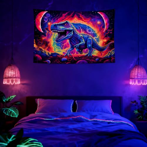 Blacklight Dinosaur Tapestry Wall Hanging Black Light Tapestries Uv Glow in the Dark Dino Poster for Teen Boys Room Bedroom 39.1" L x 59.1" W