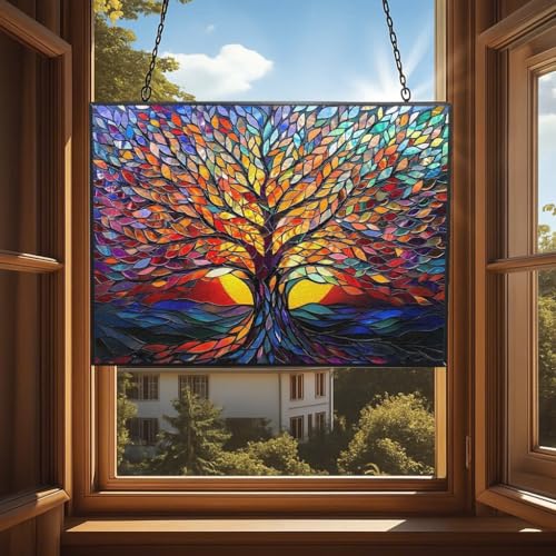 Rectangle Tree of Life Stained Glass Window Hanging