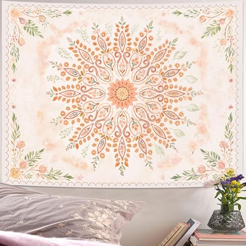 Floral Mandala Tapestry Boho Tapestry for Bedroom Peach Tapestries Wall Hanging Living Room Wall Art and Home Decor 70x90
