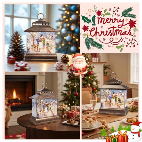 Christmas Snow Globe Lantern Water Glittering Lantern with 8 Songs & 6H Timer Romote Control Christmas Snow Globes USB & Battery Operated for Holiday Festival Decorations Gifts