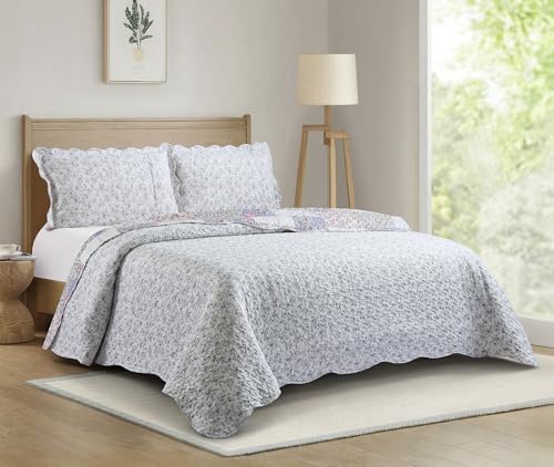 Blue & Pink Roses Toile Lively Patchwork Quilt Set