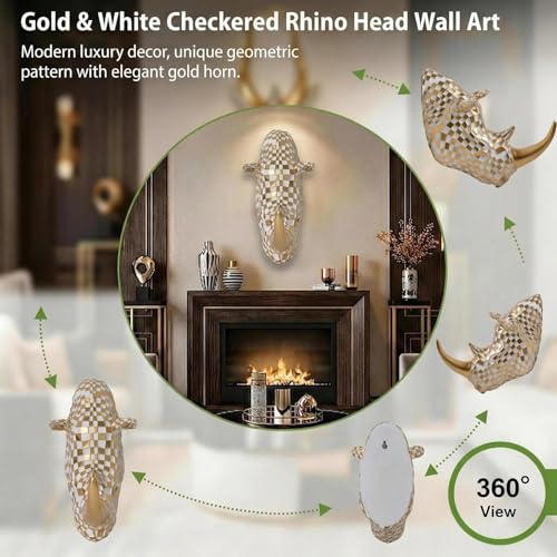 9.2x4.7 Inch Vintage Mosaic Rhino Head Wall Sculpture Art Mount Statue for Room Bedroom Office Living Decor