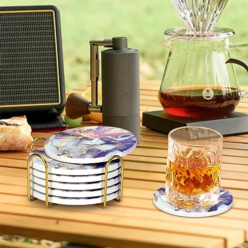 Purple Agate Absorbent Coasters with Holder Drink Coaster Set Geode Decor (6 Count)