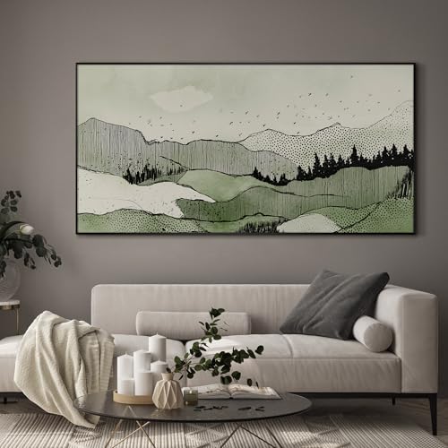 36"x72" Extra Large Framed Wall Art Green Line Art Mountain Landscape Illustration for Home Living Room Bedroom Decor