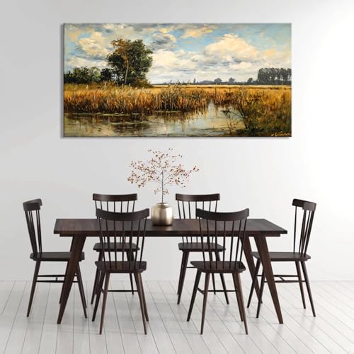 Beautiful Wilderness Meadow Canvas Wall Art Oil Painting Reproduction Print Vintage Wildflower Field Scenery Countryside Landscape Tree Rustic Retro Decor Artwork Country Farmhouse Living Room 24x48 Inches