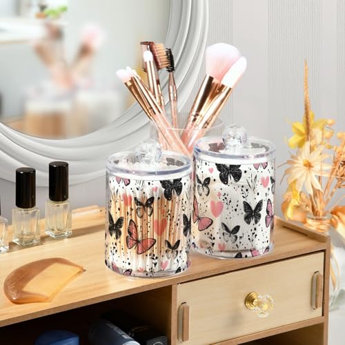 2 Pack Qtip Holder Organizer Dispenser Black Pink Butterflies Hearts Bathroom Storage Canister Cotton Ball Holder Container for Cotton Pads (2 Count)