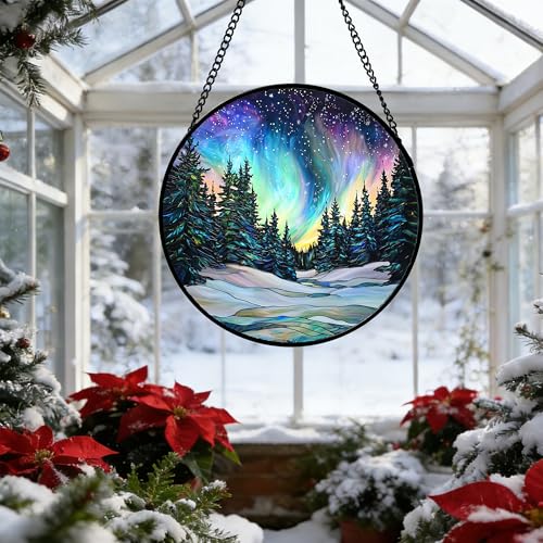 Aurora Landscape Stained Glass Window Hanging Suncatcher Xmas Gifts 12"