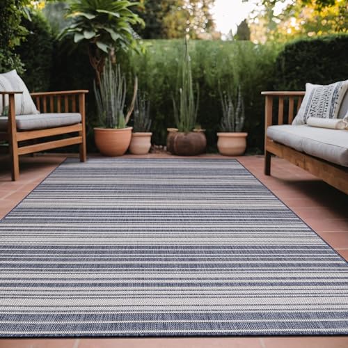 Stripe Outdoor Rug 10x14 Washable Outside Carpet for Indoor Patio Porch Waterproof Easy Cleaning Non Shedding Area Rugs Blue 10 x 14 (140 Sq Ft)