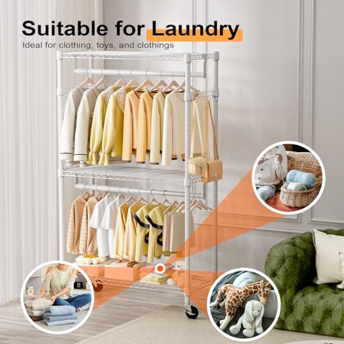 Heavy Duty Rolling Garment Rack 3 Tiers Adjustable Wire Shelving Clothes Rack with 2 Rods and Side Hooks