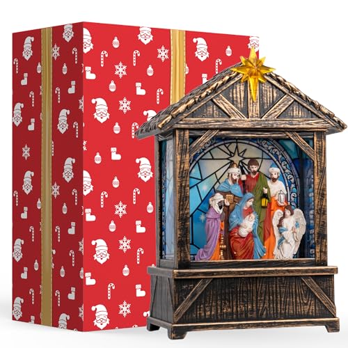 Christmas Snow Globe Lantern Water Glittering Nativity Manger with Star