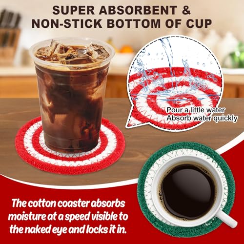 Christmas Cotton Coasters Red Green Peppermint Candy Handmade Braided Drink Coasters Absorbent Cup Mats for Xmas Holiday Party Home Table Decor (4 Count)