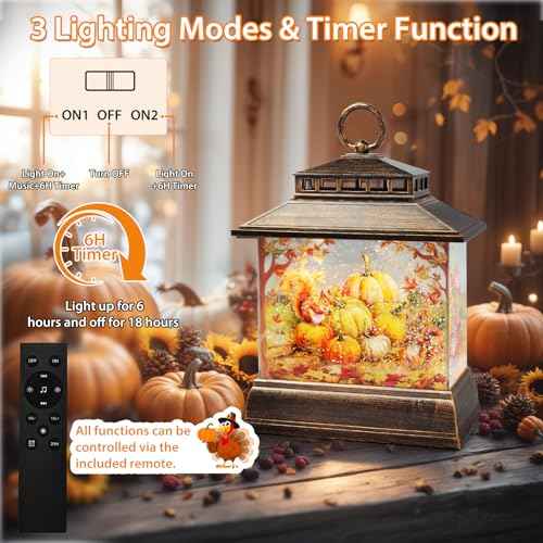 Fall Snow Globe Lantern Thanksgiving Pumpkins and Squirrels Water Lantern with Swirling Glitter 6H Timer Remote Control Fall Decorations for Home Thanksgiving Autumn Harvest
