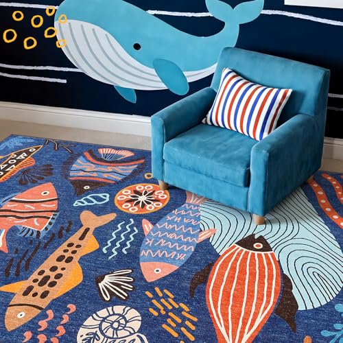 5x7 Coastal Area Rug Kids Washable Fun Rug Colorful Ocean Fish Indoor Floor Cover Non Slip Lightweight Soft Cozy Carpet for Bedroom Nursery Playroom Daycare Living Room (35 Sq Ft)