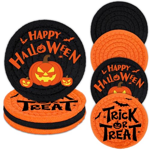 Happy Halloween Cotton Coasters Black Orange Pumpkin Face Handmade Braided Drink Coasters Trick or Treat Absorbent Cup Mats for Party Home Table Decor (4 Count)