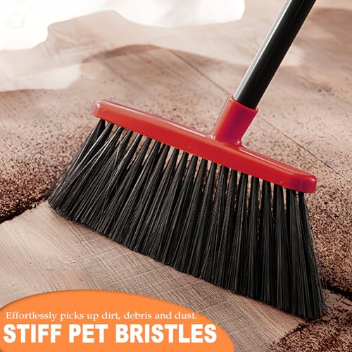 Small Broom Stiff Bristles Brush with Long Handle Indoor or Outdoor Compact Broom for Sweeping Patio Garage Garden