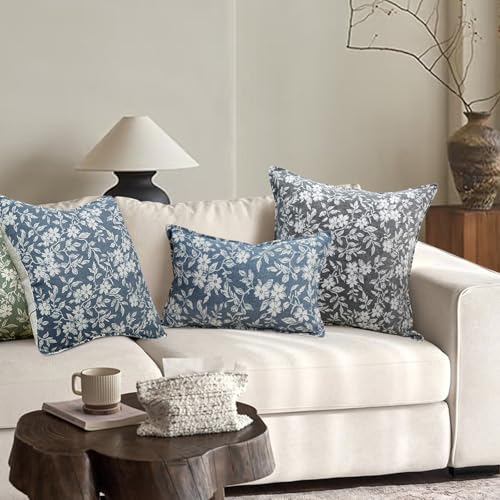 20x12 Lumbar Decorative Throw Pillow Cases Floral Pillow Covers Set of 2 Vintage Jacquard Couch Pillows for Living Room Couch Bed Home Decor Blue (2 Count)