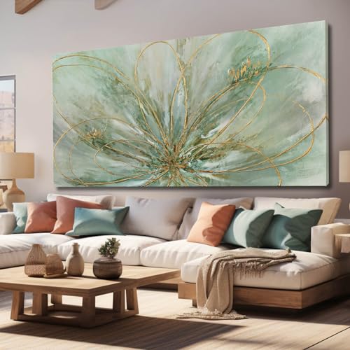 Abstract Wall Art Green and Gold Hand Painted Oil Painting Blossom Botanical Large Picture for Living Room Bedroom Kitchen Office 30x60 Inch