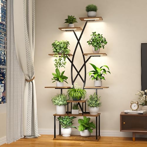 9 Tier 66" Tall Plant Stand with Grow Lights for Indoor Plants（White）
