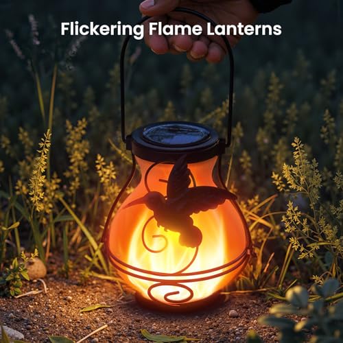 2 Pack Solar Lanterns Outdoor Waterproof Flickering Flame Lights Hummingbird Metal Hanging Solar Lantern Patio Porch Garden Decoration (2 Count)