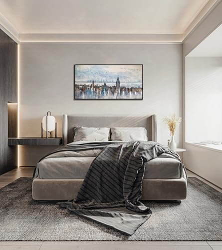Cityscape Wall Art New York City Buildings Picture Modern Abstract Grey Skyline Birds NYC Painting Artwork for Bedroom Living Room Bathroom Home Office Decor