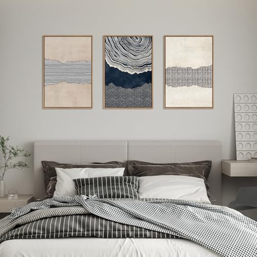 Large Abstract Navy Blue Beige Framed Canvas Wall Art (3 Count)