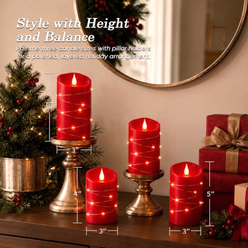 Red Flameless Candles with String Lights (3 Count)