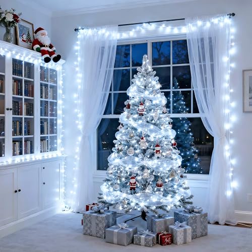 Connectable 8 Modes 100 LED White Christmas Lights Clear Wire (33 Foot)