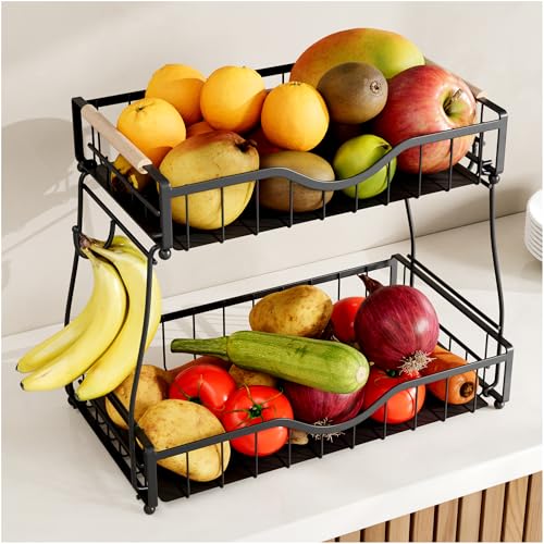 2 Tier Fruit Basket for Kitchen Countertop with 2 Banana Hangers
