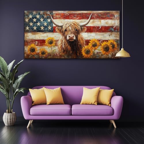 Country Highland Cow Wall Art for Living Room Rustic Retro Vintage American Flag Sunflower Canvas Painting Prints Highland Cattle Artwork Farmhouse Bedroom Office Decor