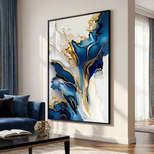 Extra Large Framed Blue White and Gold Abstract Wall Art