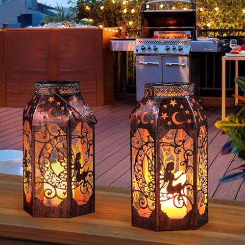 Solar Lanterns Outdoor Waterproof Fairy LED Metal Lantern Candle Glow (2 Count)