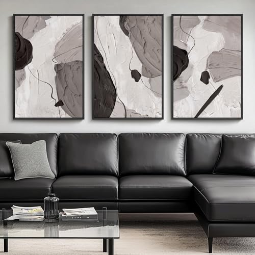 Large Framed Black White Grey Abstract Wall Art for Living Room (3 Count)