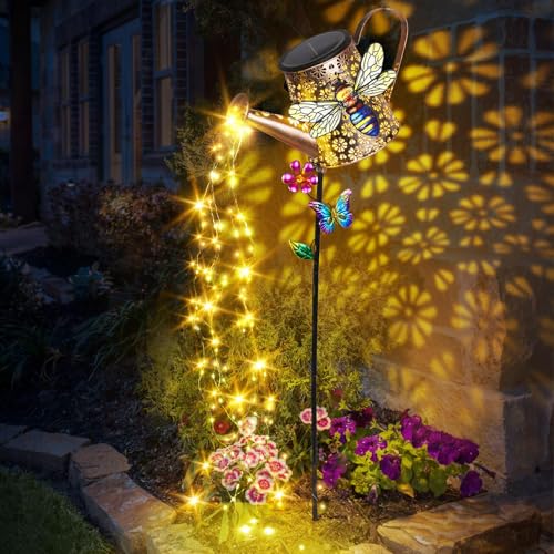 Solar Metal Watering Can with Bee and Cascading Lights Outdoor Decor