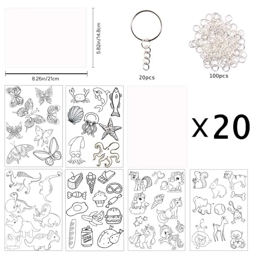 Shrinky Dink Sheets Kit 145Pcs Shrink Art Kit Including 20pcs Shrinky Paper Sheets 6pcs Traceable Picture Keychains Accessories (145 Count)