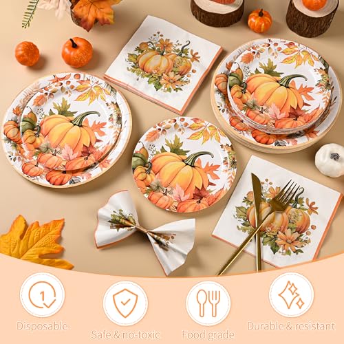 150Pcs Fall Pumpkin Paper Plates Napkins Fall Thanksgiving Party Supplies (150 Count)
