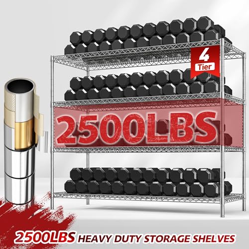 55.5''W Storage Shelves 2500LBS Wire Shelving Unit with Wheels Heavy Duty Metal Shelves for Storage Adjustable Garage Storage Rack Pantry Shelf Kitchen Shelving (4 Count)