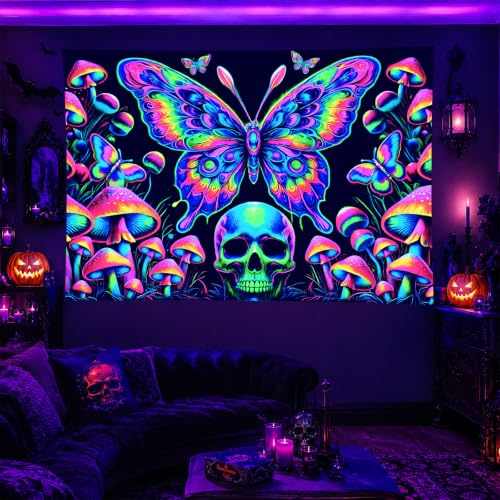 Blacklight Tapestry Butterfly Skull Glow Backdrop 78 x 59 Inch