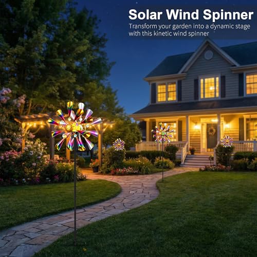 Solar Wind Spinner Outdoor Metal Garden Decor with Color LED Glass Ball
