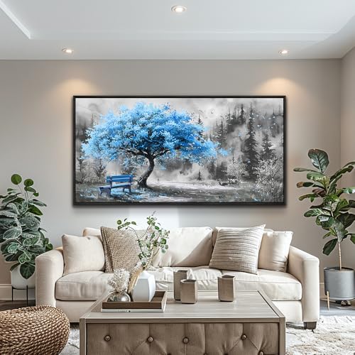 Black Framed Canvas Wall Art For Living Room Large Wall Decor For Office Bedroom Decorations Blue Tree Landscape Pictures Black And White Paintings Artwork Aesthetic Home Decor 30x60 In