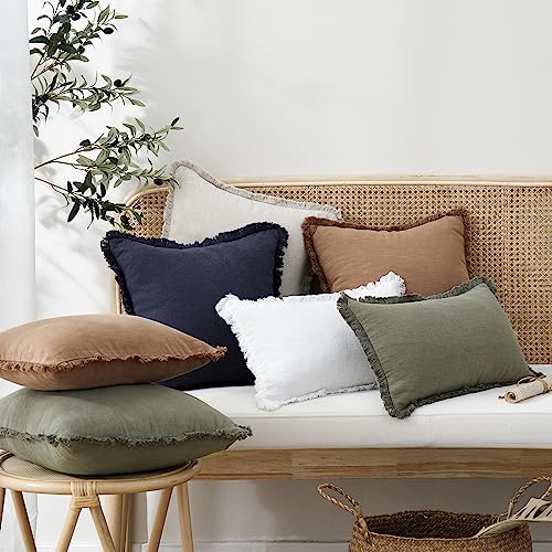 Boho Linen Fringe Lumbar Throw Pillow Covers 12×20 Olive Green (2 Count)